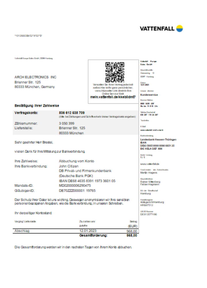 Vattenfall utility business bill SCR PSD template